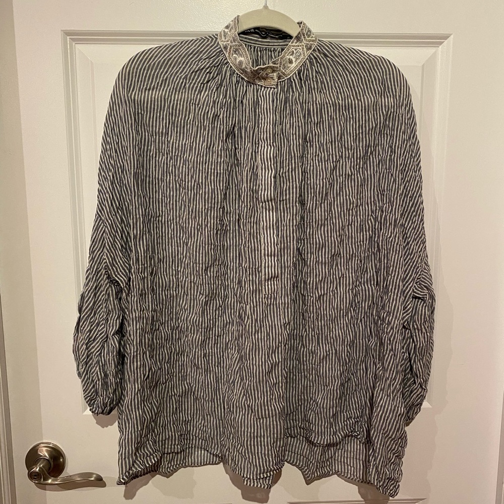 Striped blouse w/ emblished high neck.